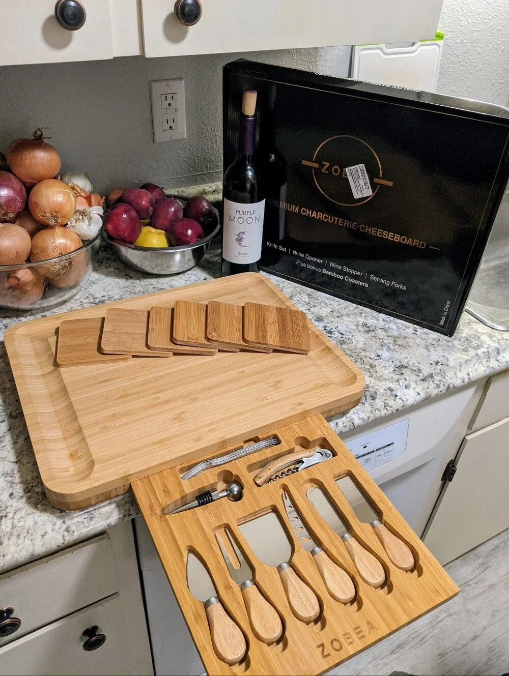 XL Premium Organic Bamboo Charcuterie Cheeseboard Serving Set + Coasters for 6